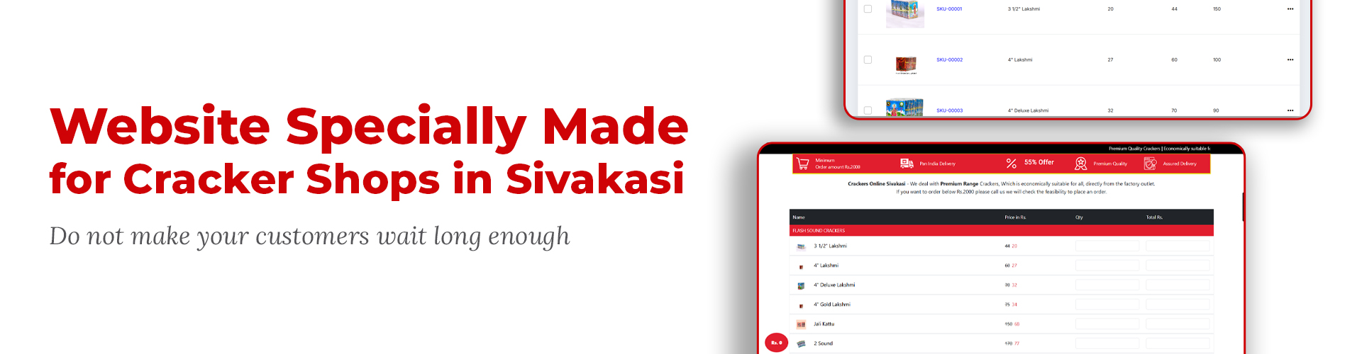 Website interface for cracker shops in Sivakasi, featuring product listings and order details, with a tagline highlighting quick customer service